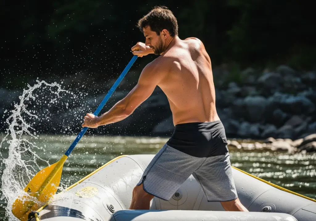 A full-body photo of a fit male guide in his late 20s demonstrating a powerful paddle stroke from the back of a raft.
