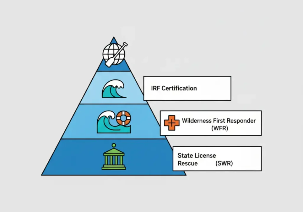An infographic pyramid showing the hierarchy of raft guide qualifications. The base is 'State License,' followed by 'Wilderness First Responder (WFR)' and 'Swiftwater Rescue (SWR),' with 'IRF Certification' at the peak, representing the highest standard.