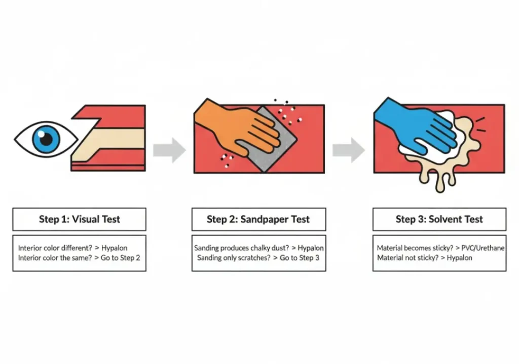 An infographic illustrating the three-step protocol for identifying raft material. Step 1 shows a visual test of fabric layers, Step 2 shows a sandpaper test, and Step 3 shows a solvent test, with icons and descriptions for each step.