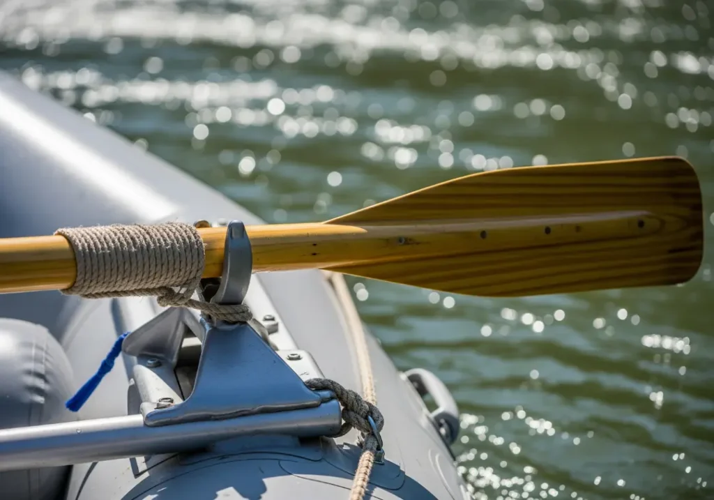 A detailed photo of a raft's oar rigging, showing the oar, rope wrap, and oarlock assembly mounted on the frame, with the river blurred in the background.