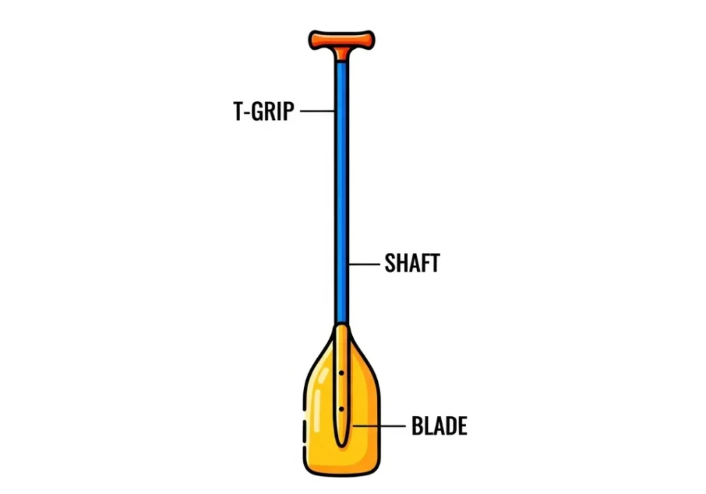 A diagram illustrating the anatomy of a raft paddle, labeling the T-Grip, Shaft, Throat, and Blade and explaining the function of each part.
