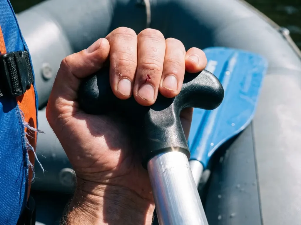 Paddler's top hand capping the T-grip of a 57-inch raft paddle, hand-over-grip