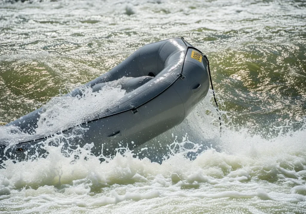 A medium shot of a raft tube being submerged by the powerful, churning water of a river hydraulic, demonstrating the physics of instability.