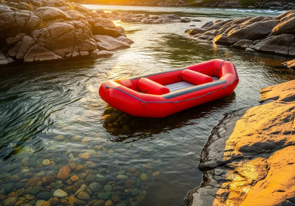An overturned red raft floats in a calm river eddy near a rocky shore, illustrating a safe location for a flip recovery.