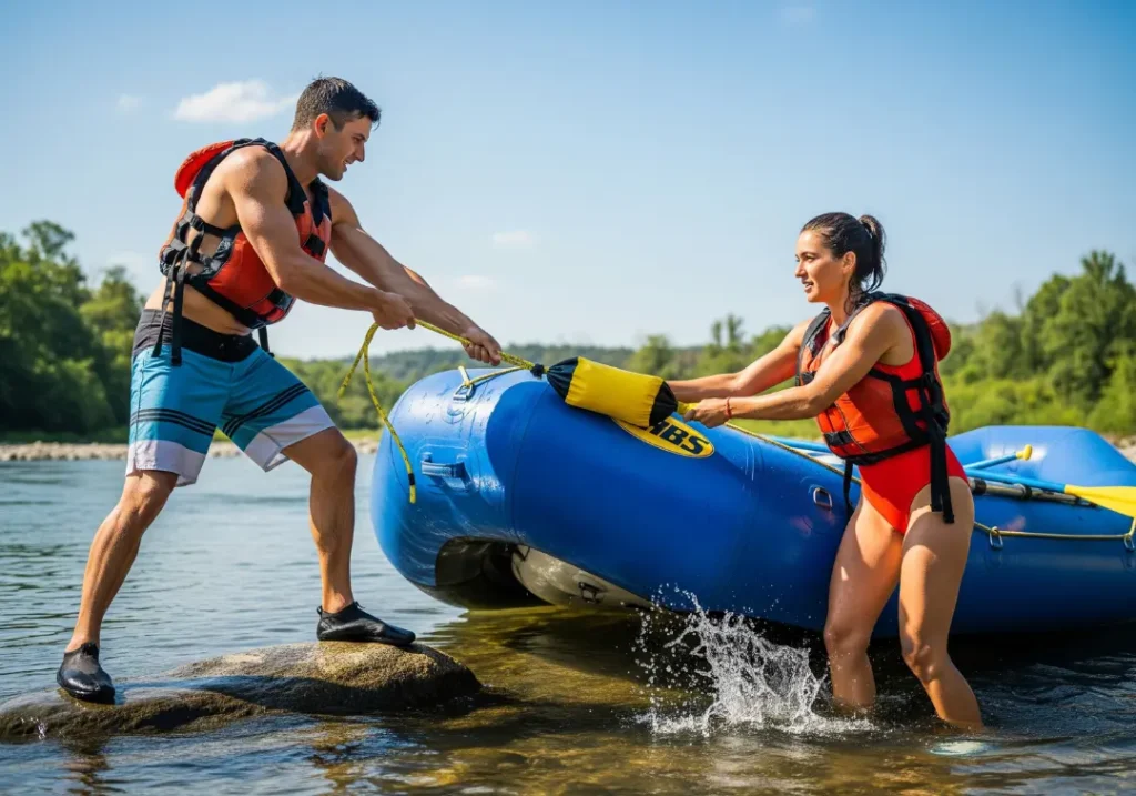 A full-body shot of a man on a rock pulling a rope while a woman in the water helps lift a wrapped raft as part of a river rescue.
