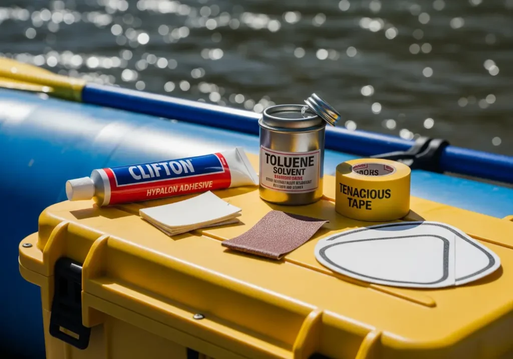 A close-up of raft repair supplies, including adhesive, solvent, and tape, arranged on top of a yellow dry box.