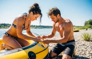 Raft Repair Kits: From Day Trips to Expeditions A fit couple in their late 20s works together to repair an inflatable raft on a sunny riverbank.