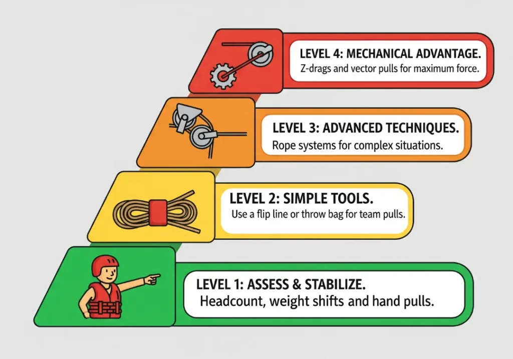 An infographic illustrating the four-level hierarchy of whitewater raft recovery. The levels shown are Assess & Stabilize, Simple Tools, Advanced Techniques, and Mechanical Advantage, each with a corresponding icon.