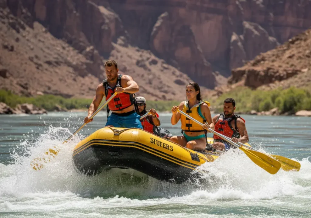An action shot of an oar raft in a rapid, showing a man rowing, a woman bracing as a passenger, and another person paddling, illustrating different rafting roles.