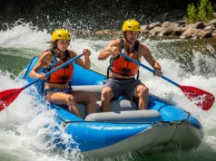 How to Surf a Raft: Mastering River Hydraulics & Flow Full-body shot of a fit man and woman in their late 20s, wearing swimwear, PFDs, and helmets, actively surfing a whitewater raft on a stationary river wave.