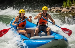 How to Surf a Raft: Mastering River Hydraulics & Flow Full-body shot of a fit man and woman in their late 20s, wearing swimwear, PFDs, and helmets, actively surfing a whitewater raft on a stationary river wave.