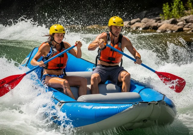 raft-surfing-applied-river-hydraulics Full-body shot of a fit man and woman in their late 20s, wearing swimwear, PFDs, and helmets, actively surfing a whitewater raft on a stationary river wave.