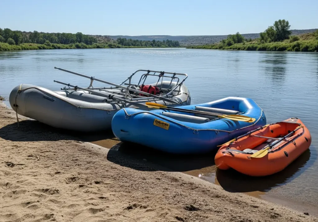 Several types of rafts, including an oar rig, a paddle raft, and an inflatable kayak, are lined up on a sandy riverbank