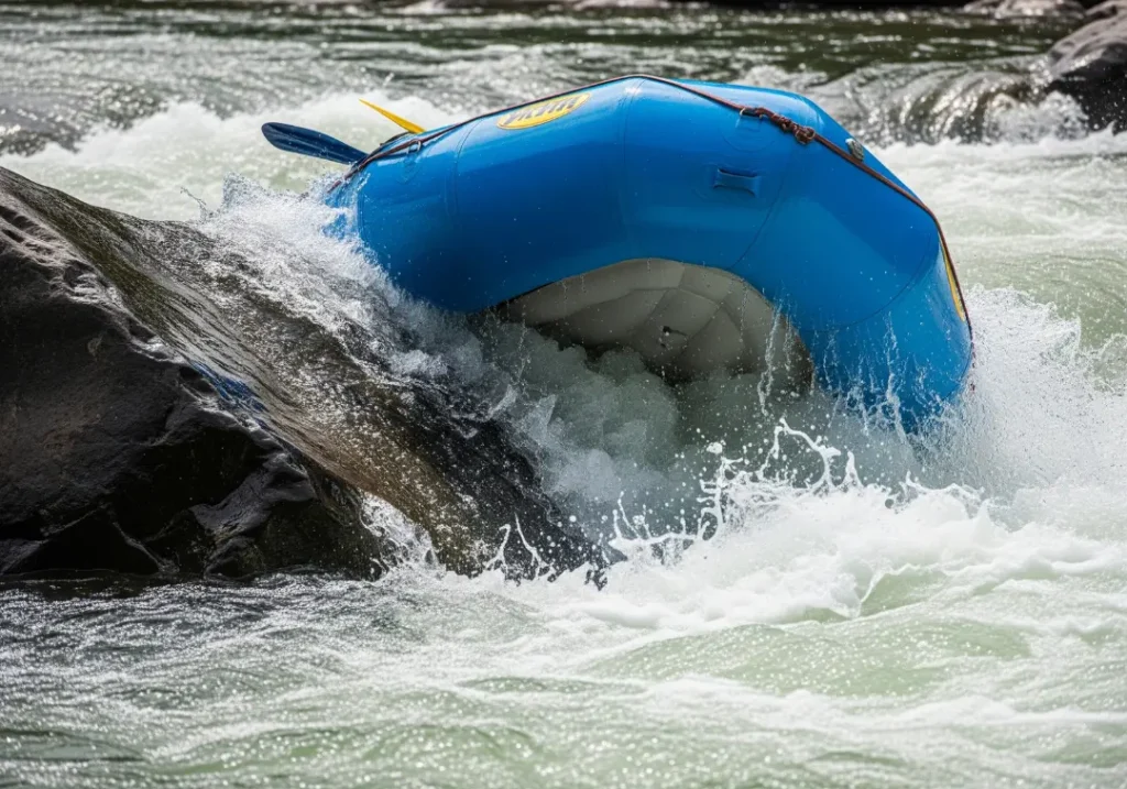 A detailed shot of an inflatable raft pinned and wrapping around a large river boulder, showing the force of the whitewater.