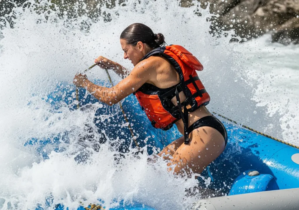 Full-body shot of a fit woman in a bikini and life jacket bracing inside a raft as a powerful river current pushes against it.