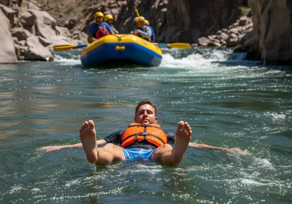 A full-body shot of a man in a life jacket correctly performing the defensive swimmer's position, floating on his back with feet up in a river.