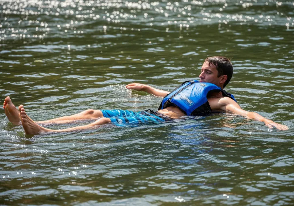 A full-body shot of a man in a PFD and boardshorts using the defensive whitewater float position to navigate a river rapid safely.
