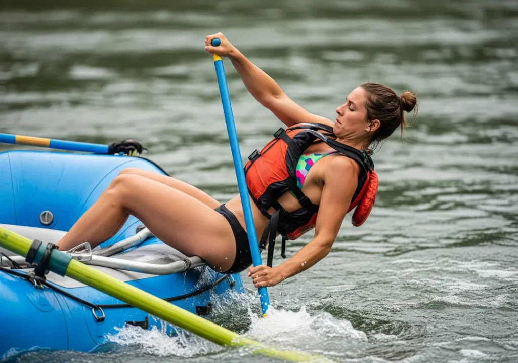 An athletic woman in a bikini and life jacket demonstrates the powerful drive phase of an oar stroke on a raft.