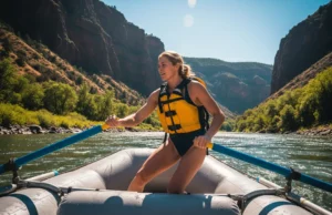 The Anatomy of an Oar Stroke: A Guide for Rafters A fit young woman in a one-piece swimsuit and life jacket expertly rowing a whitewater raft down a sunny river.