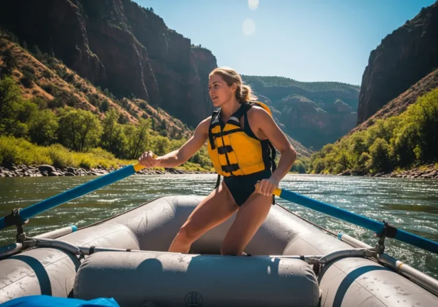 rafter-executing-oar-stroke A fit young woman in a one-piece swimsuit and life jacket expertly rowing a whitewater raft down a sunny river.
