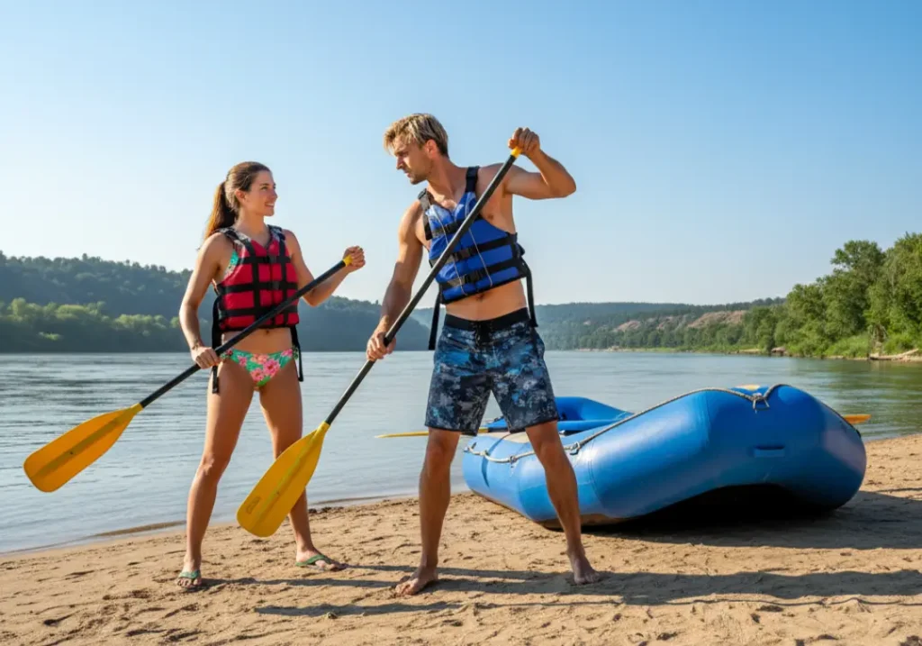 A male rafting guide in his late 20s instructs a woman in a bikini and PFD on paddling technique on a sunny riverbank.
