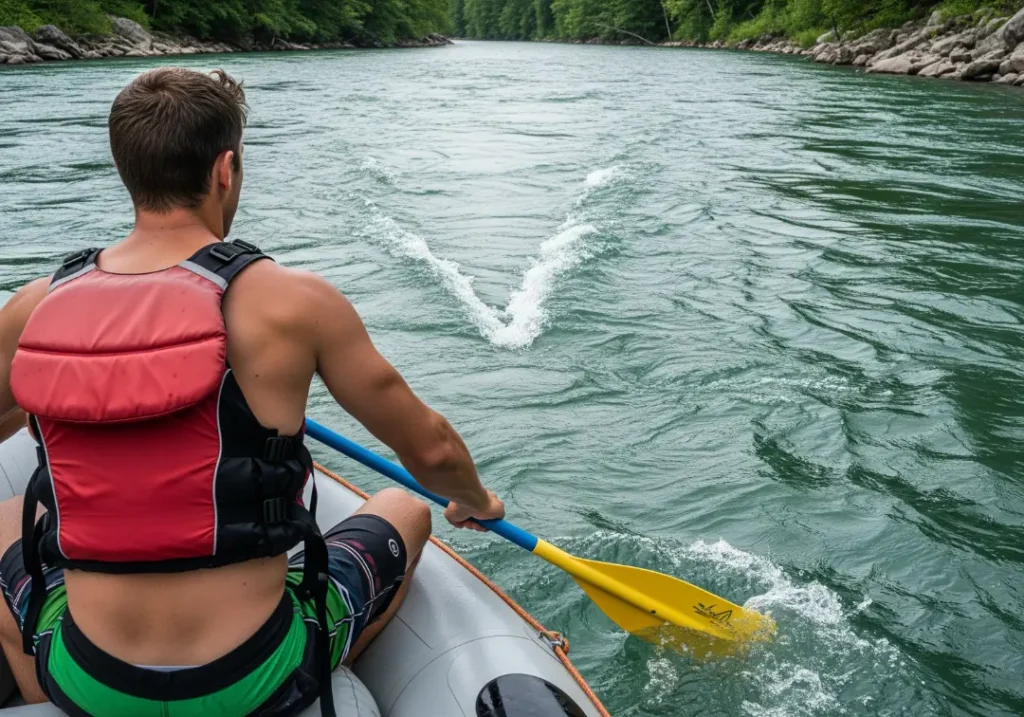 A full-body shot of a male rafter in boardshorts steering a raft towards a safe downstream V channel on the river's surface.