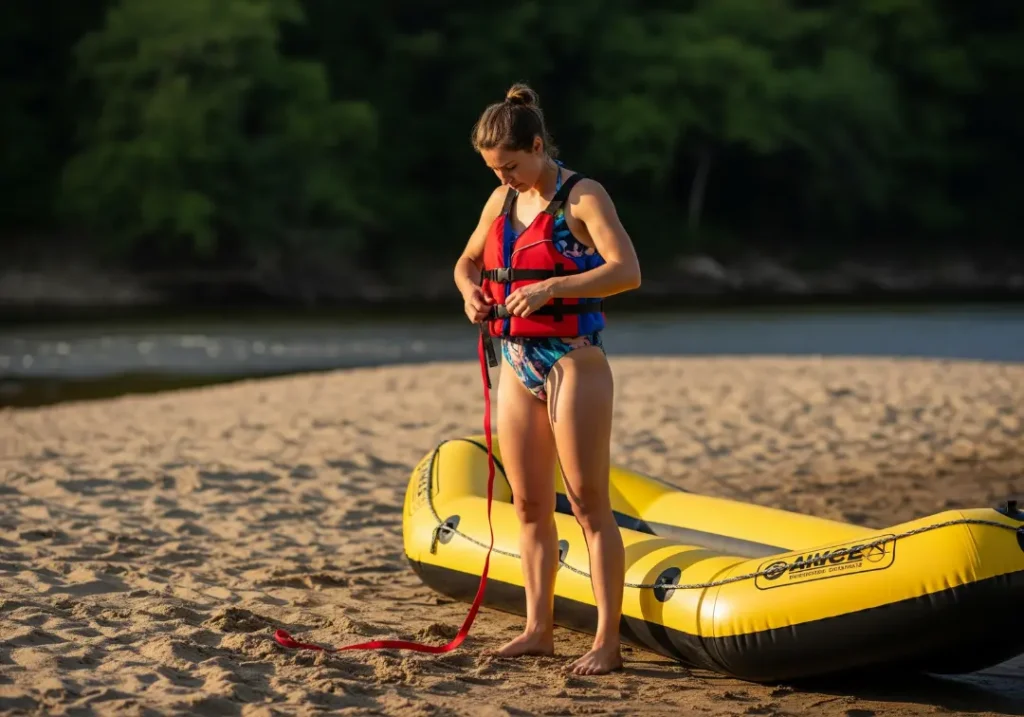 A full-body photo of an attractive woman in a swimsuit checking the straps of her life jacket on a riverbank before rafting.