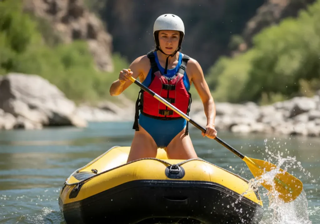 A full-body shot of a young woman in a one-piece swimsuit and PFD, practicing a powerful forward paddle stroke in a whitewater raft.