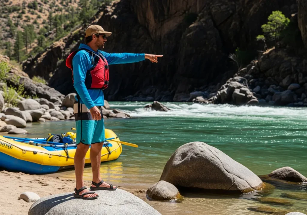 A full-body shot of a male river guide in his late 20s standing on a rock and pointing downriver to scout a whitewater rapid.