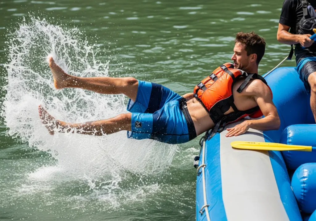 An athletic man in his late 20s demonstrates the 'Seal Slide' technique, using momentum to get back into a whitewater raft from the water.