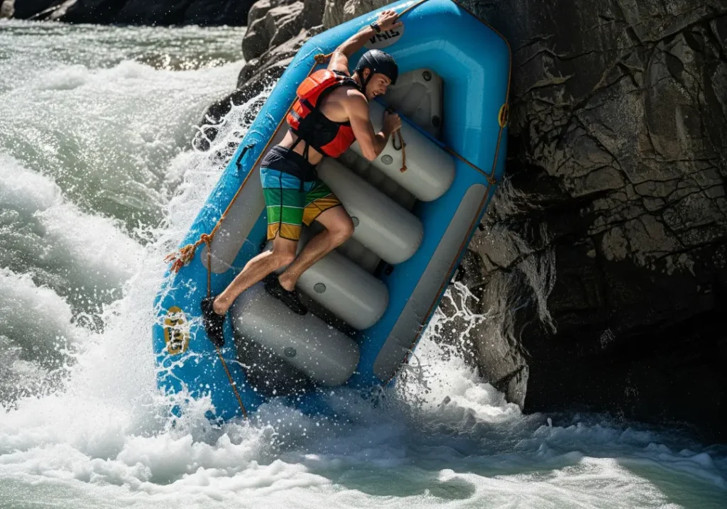 A full-body action shot of a man in boardshorts and a life jacket climbing out of a pinned raft onto the downstream side.