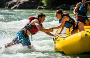 Get Back in a Raft: A Guide to Self-Rescue Techniques A fit man in his late 20s wearing a life jacket and boardshorts pulls himself back into a whitewater raft as a woman in a bikini and life jacket assists him.