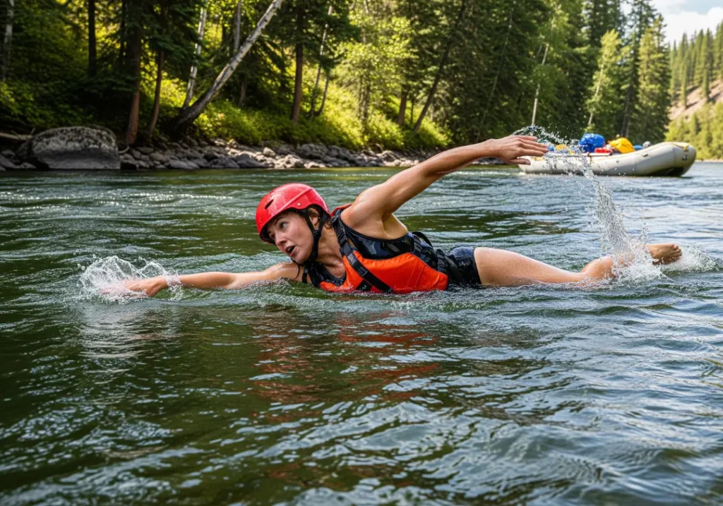 A woman in full rafting gear swims assertively towards the calm water of an eddy on the riverbank, adapting her rescue to the situation.