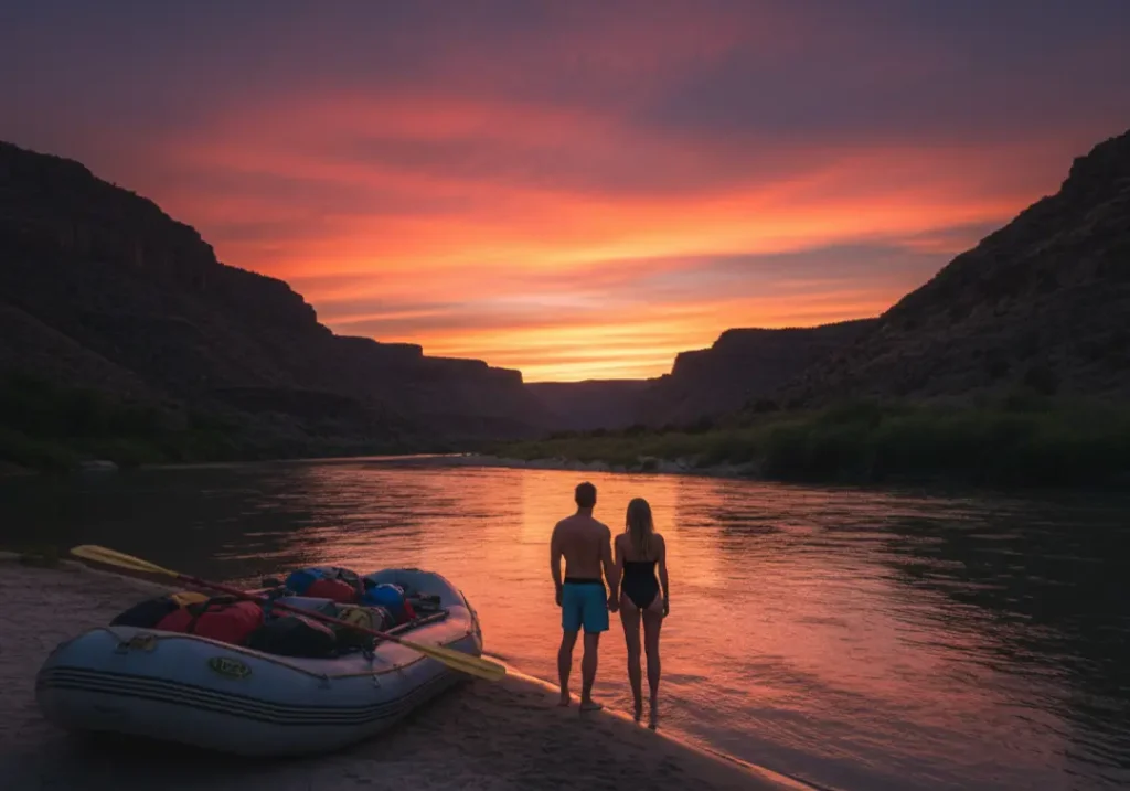 A full-body shot of a couple standing on a riverbank at sunset, looking over the water with their raft on the shore, conveying a sense of peace and stewardship.