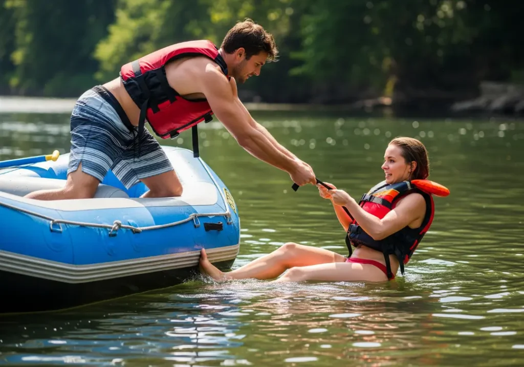 A man in a raft helps a woman in a bikini and life jacket get back into the boat by pulling on her PFD's shoulder straps.