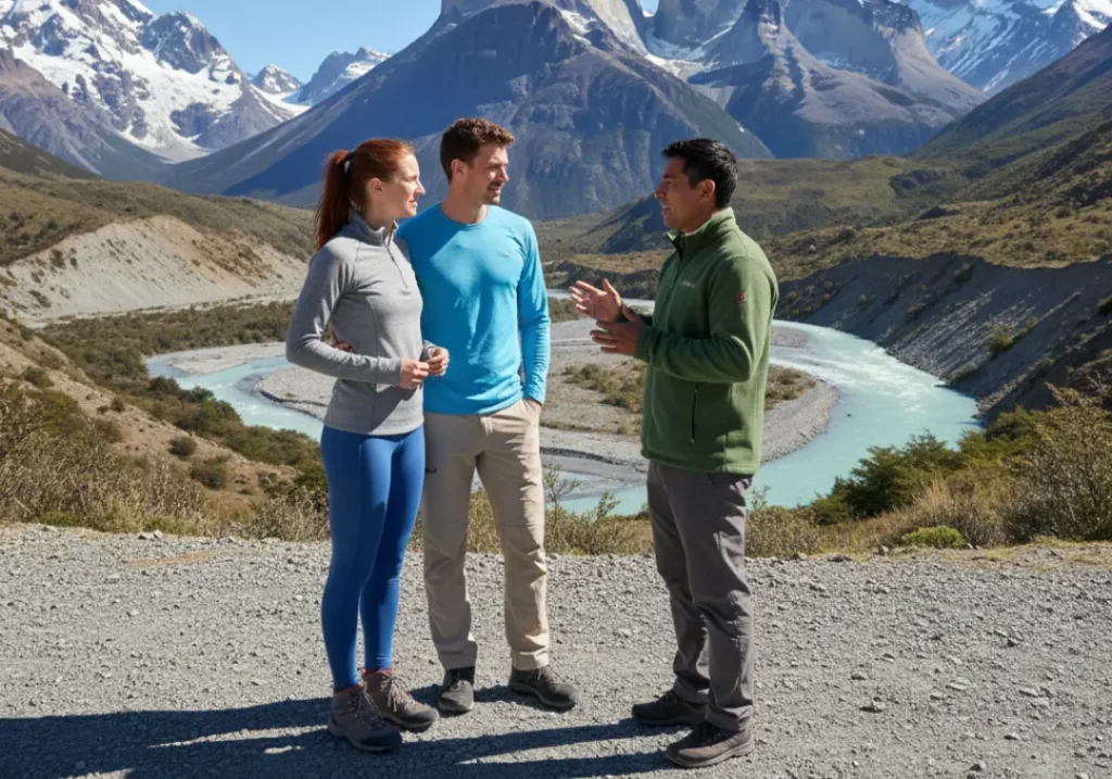 A full-body shot of a traveling couple discussing tipping customs with their local guide against a dramatic mountain and river backdrop.