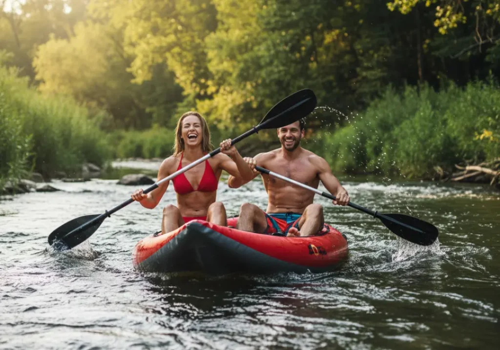An attractive couple laughs while paddling a raft on a beautiful, restored river during a golden sunset, celebrating its return to health.