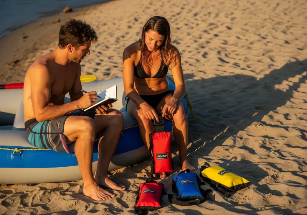 A full-body shot of a man and woman in swimwear sitting on a raft, comparing three different river rescue throw bags.