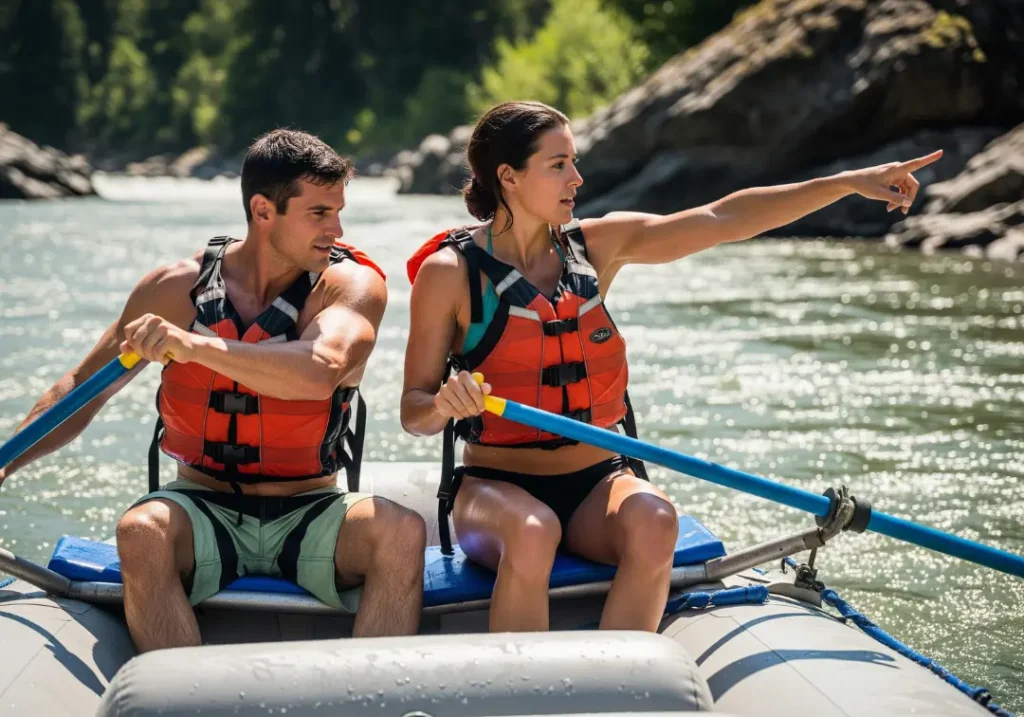A fit couple in swimwear on a raft, with the man executing a control stroke with the oars while the woman points out the line downriver.