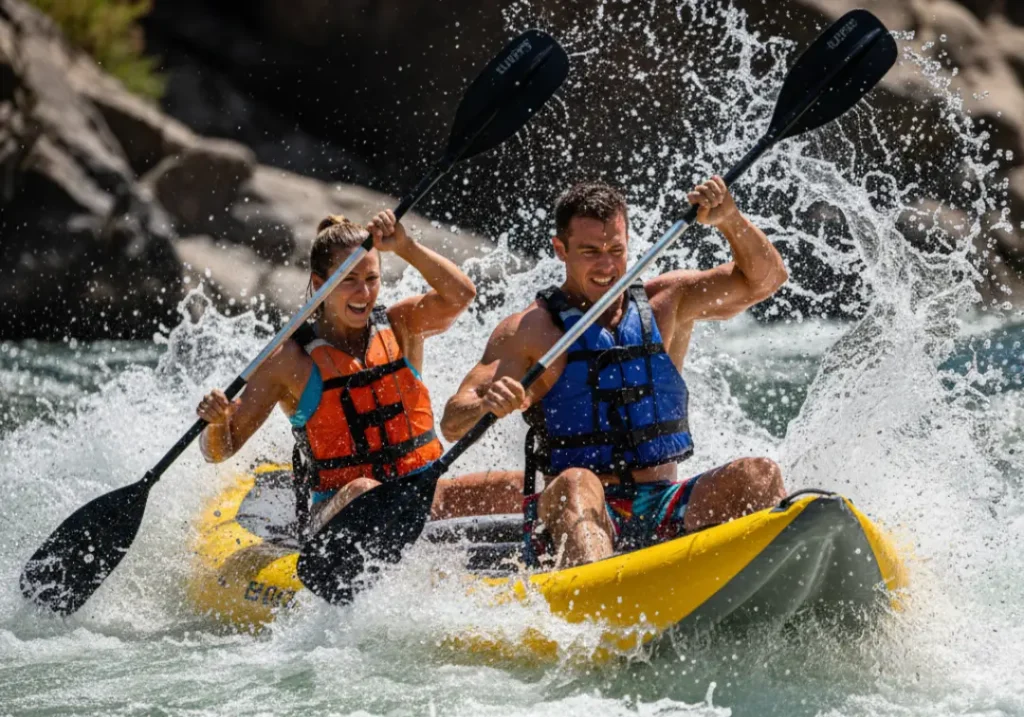 A full-body action shot of an athletic couple in their late 20s navigating a large wave in a raft on a sunny day.