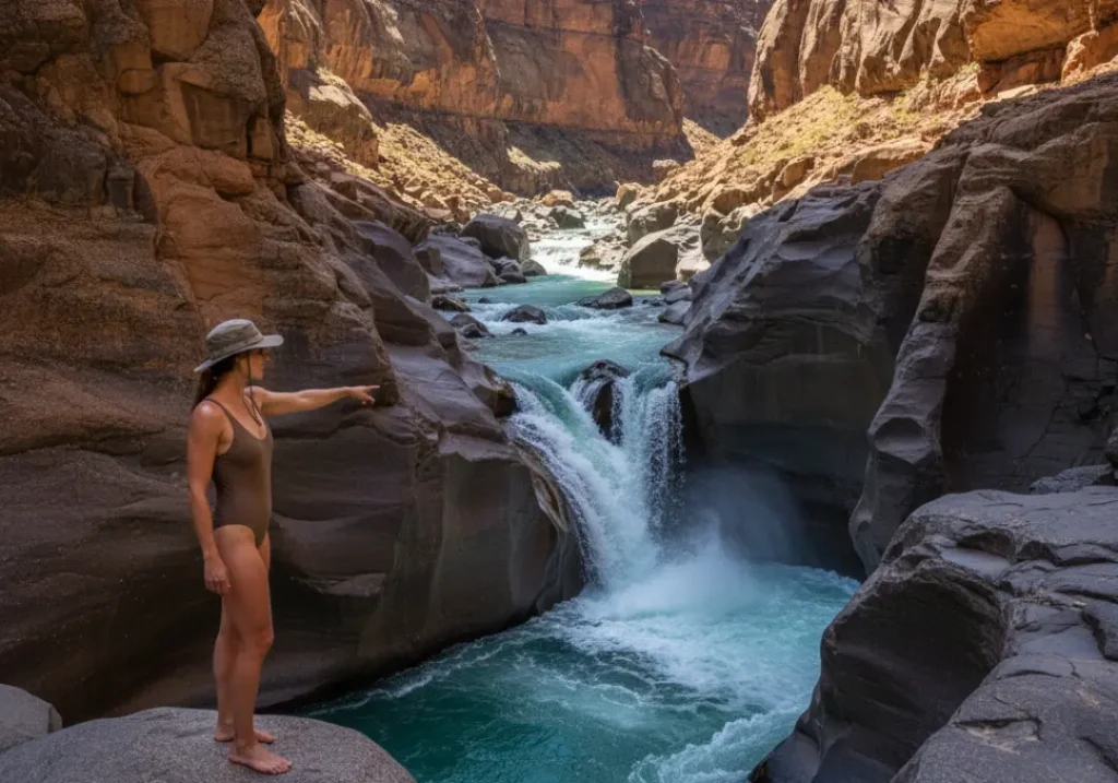 A full-body shot of a woman in a swimsuit standing on a rock and pointing at a line through a river rapid below.