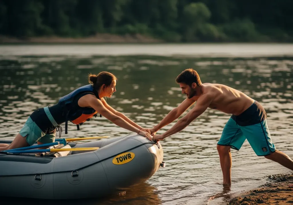 A full-body shot of a fit couple without paddles, working together to hand-paddle their raft to the riverbank in an emergency.