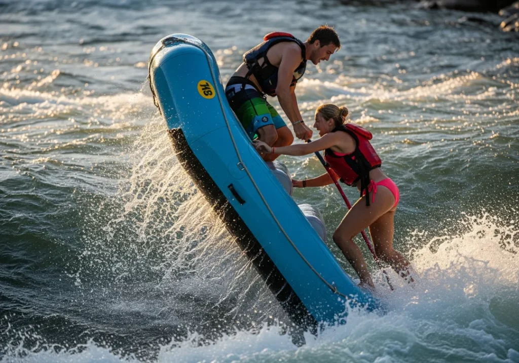 Full-body shot of two rafters climbing to the high side of their raft to prevent it from flipping while stuck in a river hole.