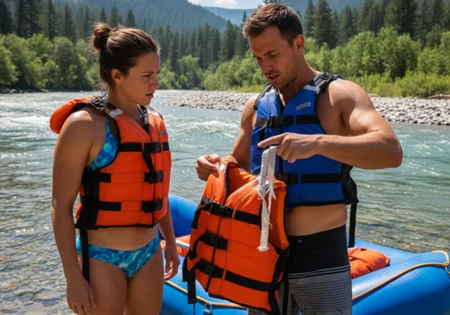 rafters-inspecting-safety-gear-red-flag A fit couple in their late 20s wearing rafting gear and inspecting a PFD for safety issues at the river's edge before their trip.