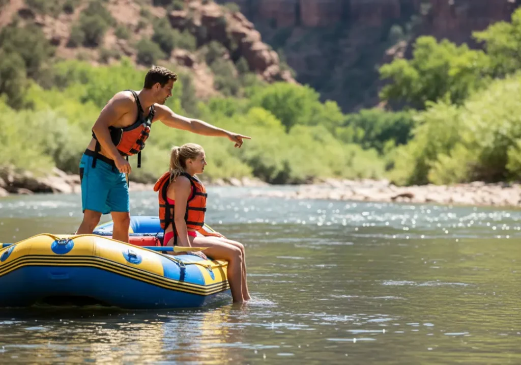 A full-body horizontal shot of a man in boardshorts teaching a woman in a bikini how to read the river current from their raft.
