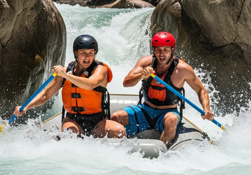 A full-body shot of an athletic couple in their late 20s paddling intensely to navigate their raft through a difficult whitewater rapid.