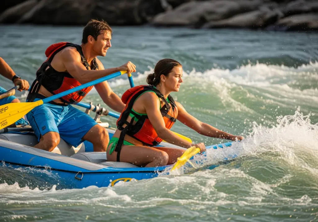 A full-body shot of a man and woman skillfully guiding a raft through a challenging rapid, avoiding a large rock.