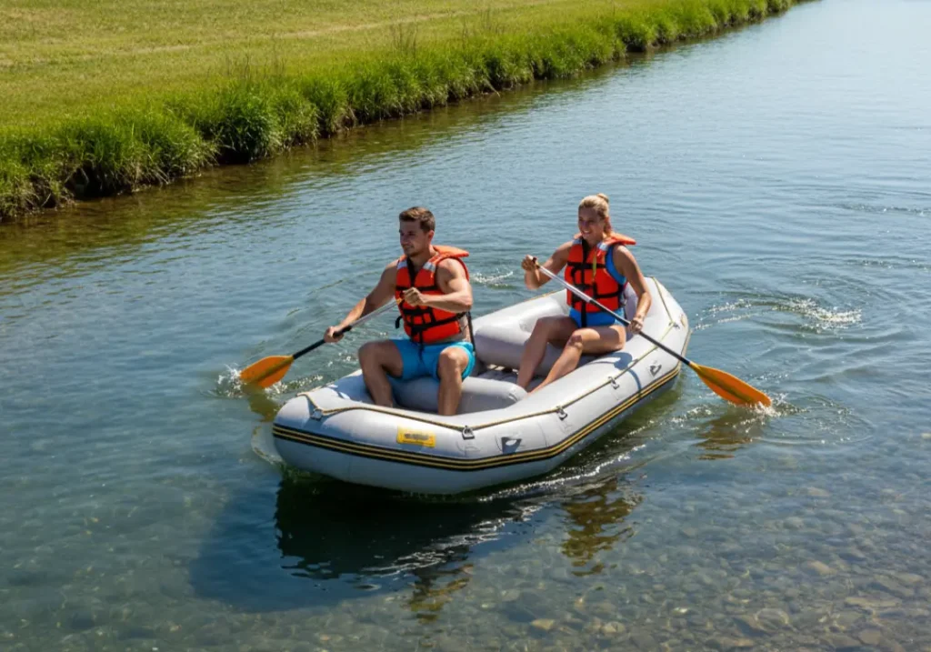 Full-body shot of a fit couple in their late 20s paddling a raft down a clear, channelized river below a dam on a sunny day.