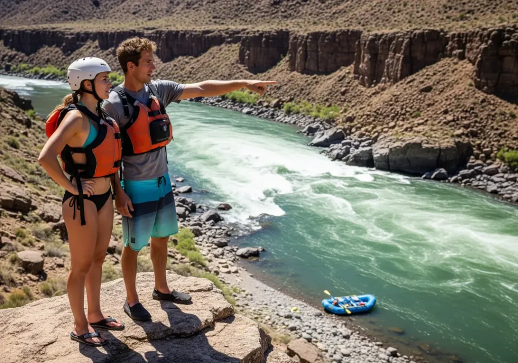 A fit couple in rafting gear stand on a cliff overlooking a river, planning their safety system and route through a major rapid below.