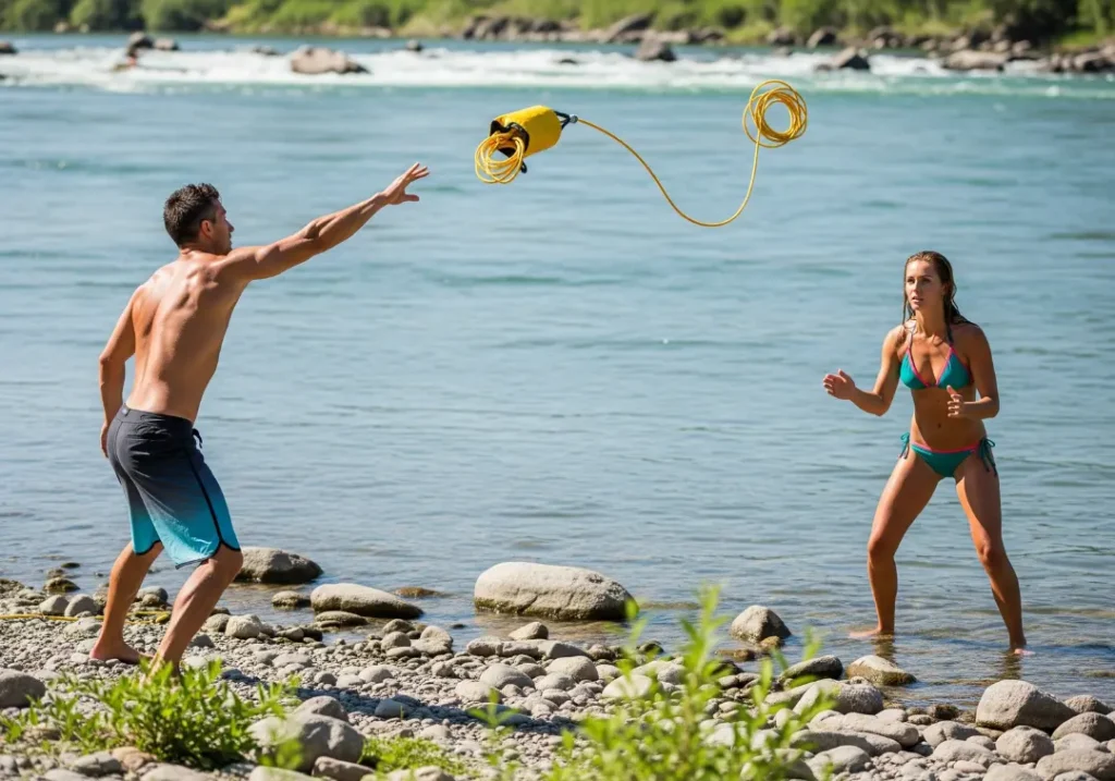 A full-body shot of a man and woman on a riverbank practicing a throw bag rescue drill.